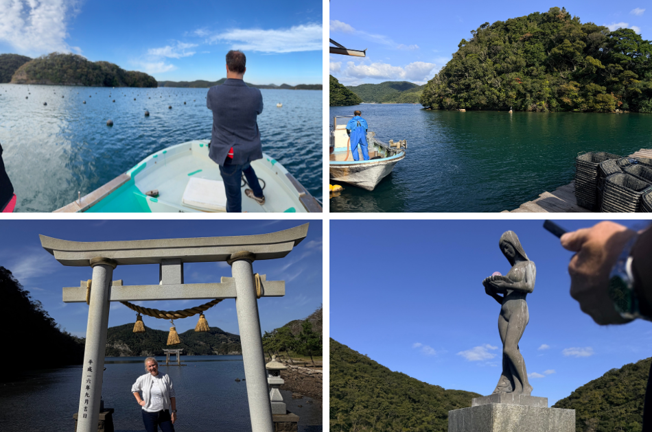 Esther Ligthart visiting Tsushima island, and the statue of gratitude for the gift of the oyster