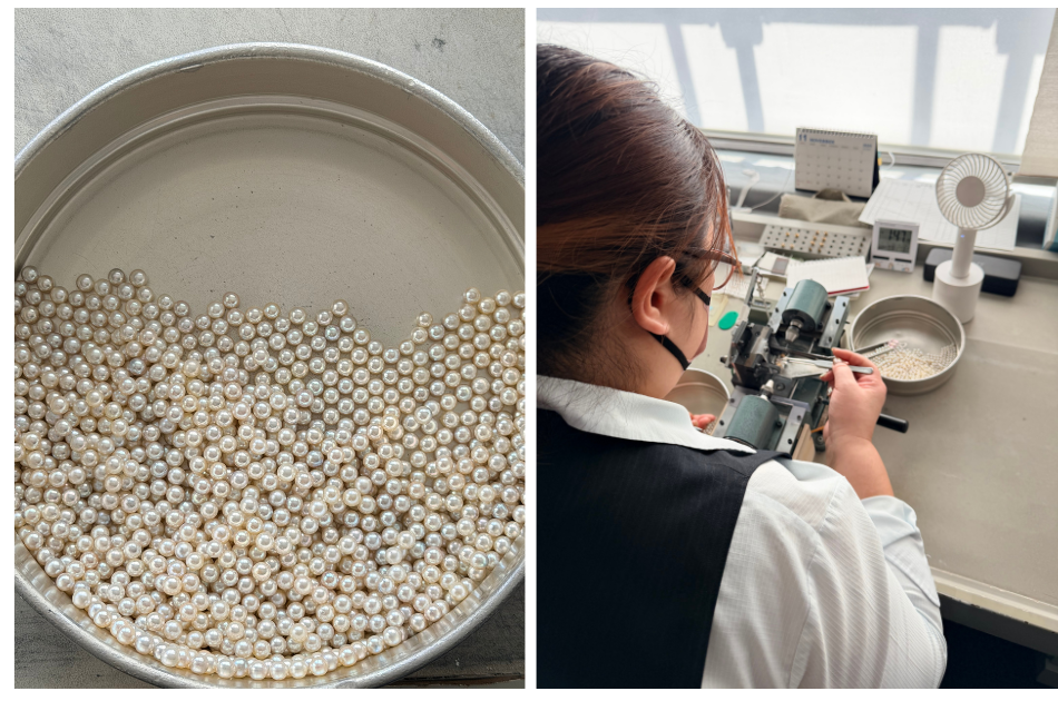 Akoya pearls being evaluated by daylight in Kobe sorting rooms at Otsuki Pearls
