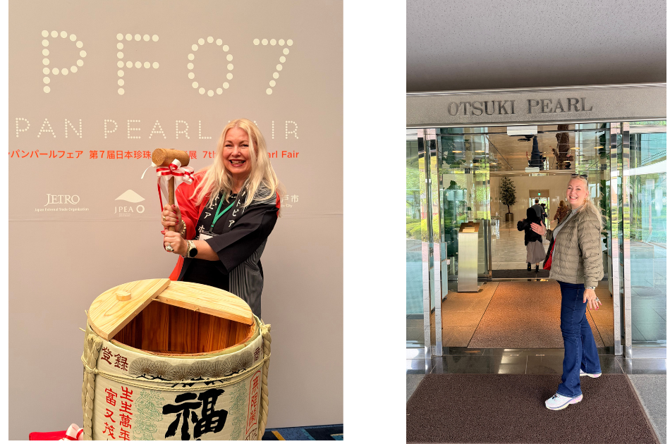 Esther with the traditional drum during the welcoming evening party celebrations of the Japan Pearl Fair and Esther entering the Otsuki pearl facility in Kobe
