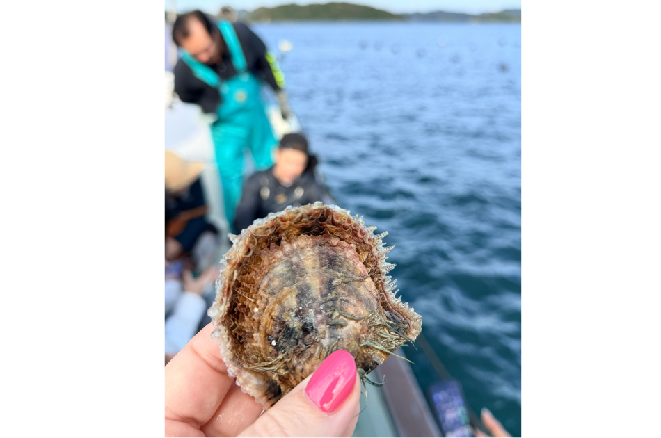 Esther holding a one year old oyster
