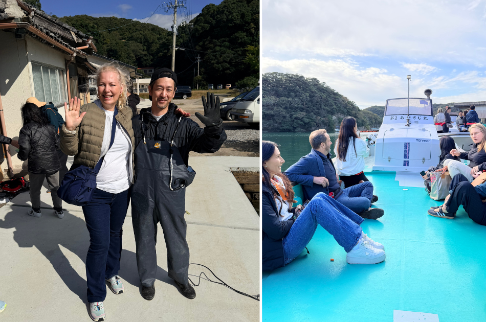 Esther Ligthart with owner of Kitamura Pearls Oyamakoshi Farm on the island of Tsushima and on the boat to see the oysters