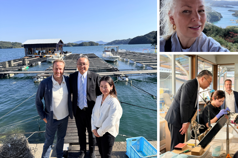 Jeremy Shepperd and his wife Hisano with governor of Nagasaki Prefecture, Hodaka Oishi, Esther with the backdrop of the island Tsushima and the governor overlooking the nucleation of the oyster