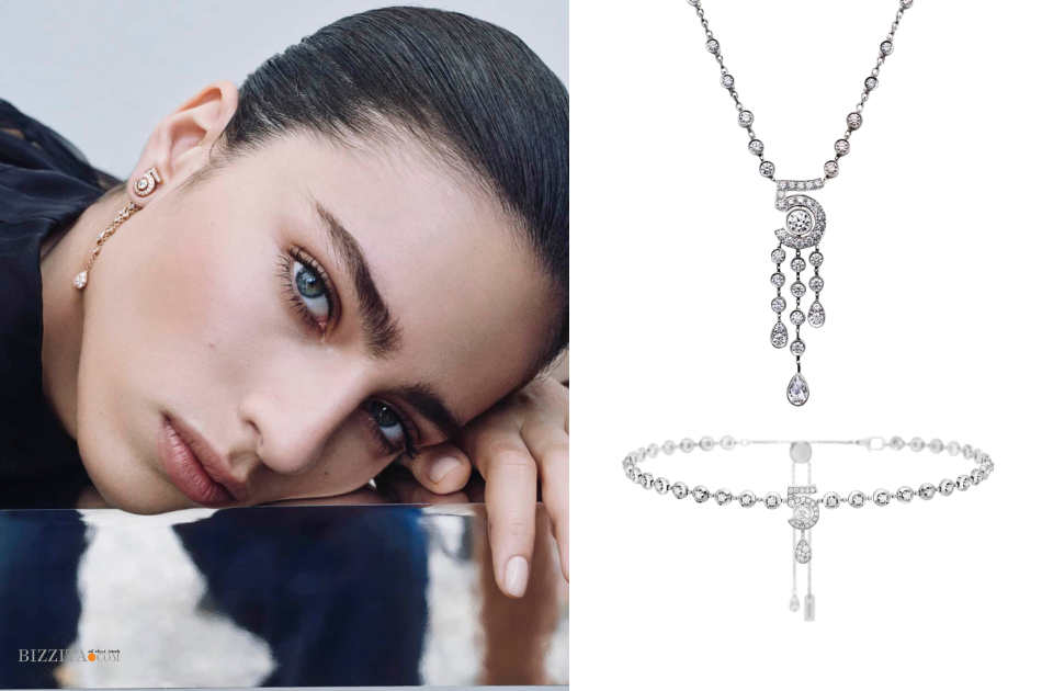 Chanel N°5 high jewelry bracelet echoing the perfume bottle silhouette in gold and diamonds