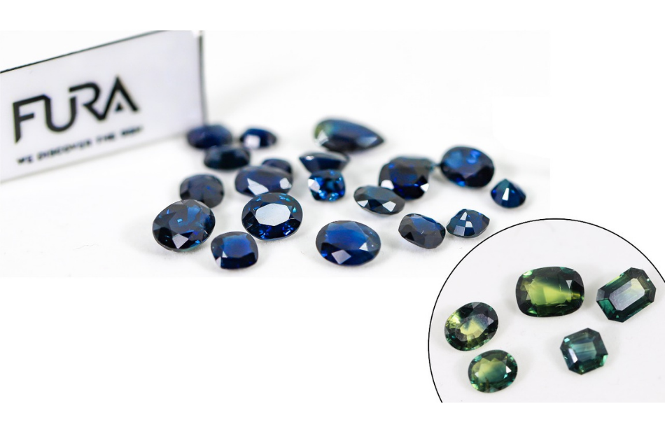 Parti sapphires from Australian mines showing blue, green, and yellow color zones, sourced by FURA Gems