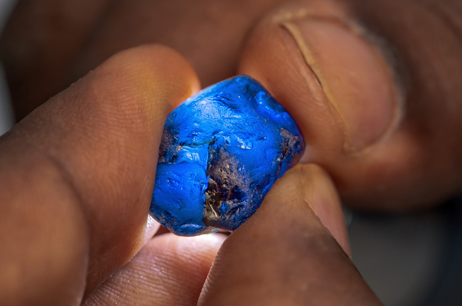 Raw sapphire rough stone from FURA Gems colored gemstone mining operation