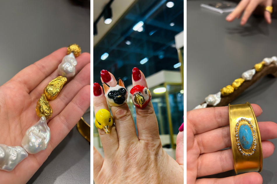 Esther Ligthart holding jewelry on her hands baroque pearl necklace and animal themed rings