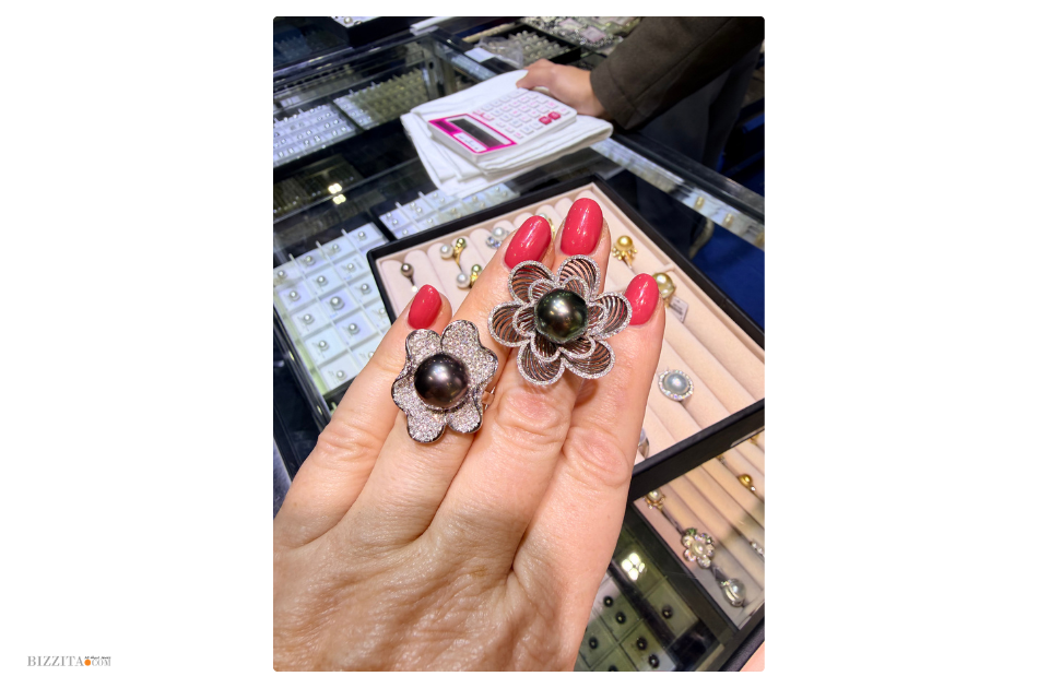 Pearl jewelry displayed as finished products at the Japan Pearl Fair in Kobe