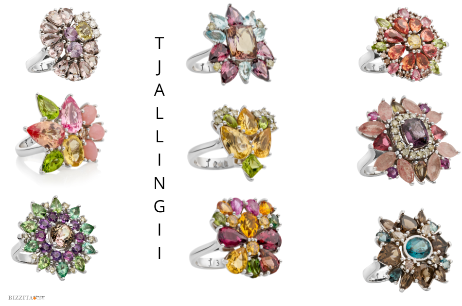 Tjallingii jewelry portrait hero shot with floral rings and pastel gemstones